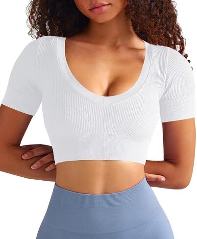 TZLDN Womens Short Sleeve V Neck Crop Tops Workout Fitted Gym Shirts Compression Athletic Seamless Ribbed Yoga Sports Top in Kuwait