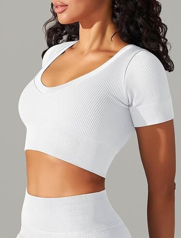 TZLDN Womens Short Sleeve V Neck Crop Tops Workout Fitted Gym Shirts Compression Athletic Seamless Ribbed Yoga Sports Top in Kuwait