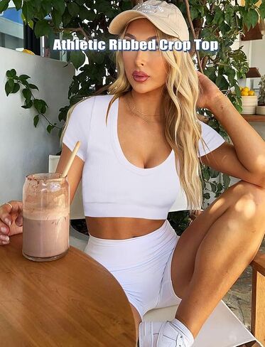 TZLDN Womens Short Sleeve V Neck Crop Tops Workout Fitted Gym Shirts Compression Athletic Seamless Ribbed Yoga Sports Top in Kuwait