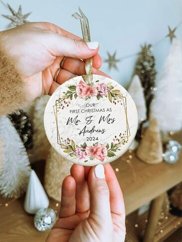 Our First Christmas Married Ornament 2024, Personalized Mr Mrs Ornament, Gift for Newlywed Couple Family, Custom Ornament Wedding, 1st Christmas Mr Mrs in Saudi Arabia