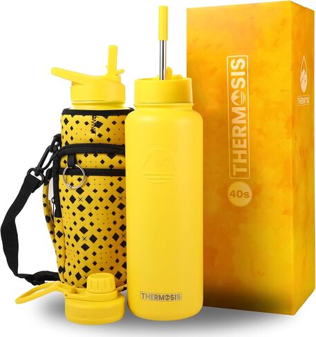 32 Oz Water Bottle With Straw - 1 Liter Stainless Steel Water Bottle With Wide Mouth Opening | Comes W/Sports Water Bottle Holder With Strap (32 OZ Sleeve) - Yellow in Saudi Arabia