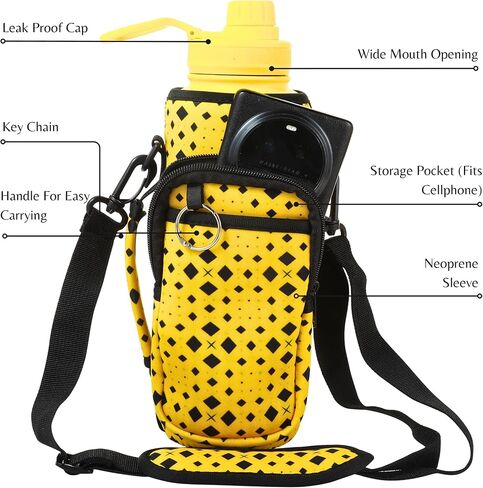 32 Oz Water Bottle With Straw - 1 Liter Stainless Steel Water Bottle With Wide Mouth Opening | Comes W/Sports Water Bottle Holder With Strap (32 OZ Sleeve) - Yellow in Saudi Arabia