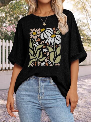 Womens Oversized Graphic Tee Shirt Raglan Sleeve Boho Wildflower Tshirt Summer Baggy Country Music Casual Blouses in Saudi Arabia