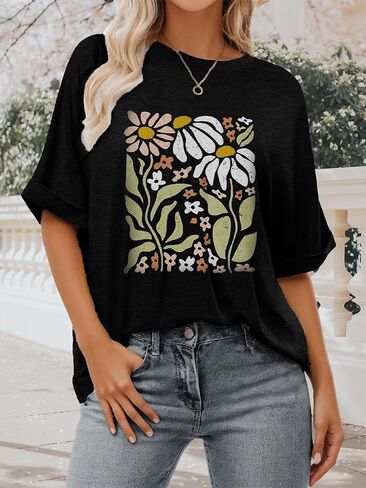 Womens Oversized Graphic Tee Shirt Raglan Sleeve Boho Wildflower Tshirt Summer Baggy Country Music Casual Blouses in Saudi Arabia