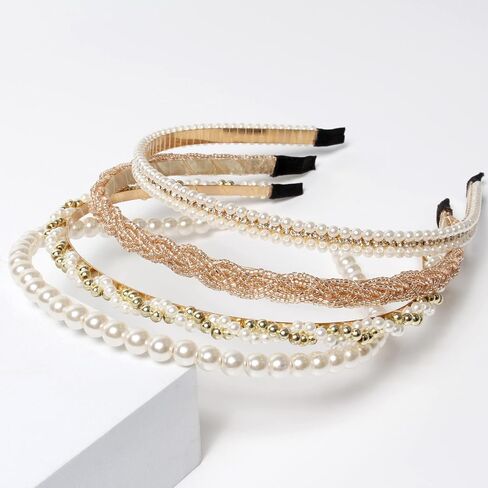 6PCS Different Designs Headbands for Women Gold Metal Hairband,Cute Pearl Headbands for Girls,Twisted Head Band,Black Solid Headbands Set… in Saudi Arabia