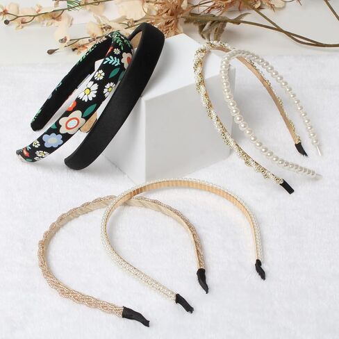 6PCS Different Designs Headbands for Women Gold Metal Hairband,Cute Pearl Headbands for Girls,Twisted Head Band,Black Solid Headbands Set… in Saudi Arabia