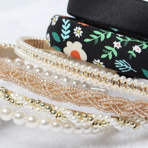 6PCS Different Designs Headbands for Women Gold Metal Hairband,Cute Pearl Headbands for Girls,Twisted Head Band,Black Solid Headbands Set… in Saudi Arabia