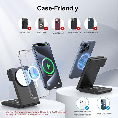 New Travel Foldable 3 in 1 Wireless Charging Station for Apple Magsafe Charger Stand,Fast Magnetic Wireless Charger Station for iPhone 17 Air 16 15 14 13 12 Series,Airpods Pro,Apple Watch Ultra in Kuwait
