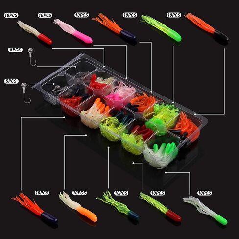Soft Plastic Fishing lures Jig Head Hooks Kit, 110pcs Crappie Tube Jig Heads Worm Lures Fishing Artificial Bait Bass Trout Saltwater Freshwater in Saudi Arabia