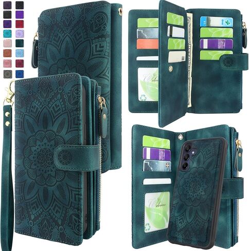 Harryshell Detachable Magnetic Zipper Wallet Leather Case with Cash Coin Pocket Multi Card Slots Holder Wrist Strap Lanyard for Samsung Galaxy A15 5G (2024) (Flower Blue Green) in Saudi Arabia