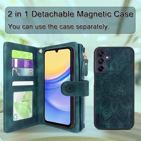 Harryshell Detachable Magnetic Zipper Wallet Leather Case with Cash Coin Pocket Multi Card Slots Holder Wrist Strap Lanyard for Samsung Galaxy A15 5G (2024) (Flower Blue Green) in Saudi Arabia