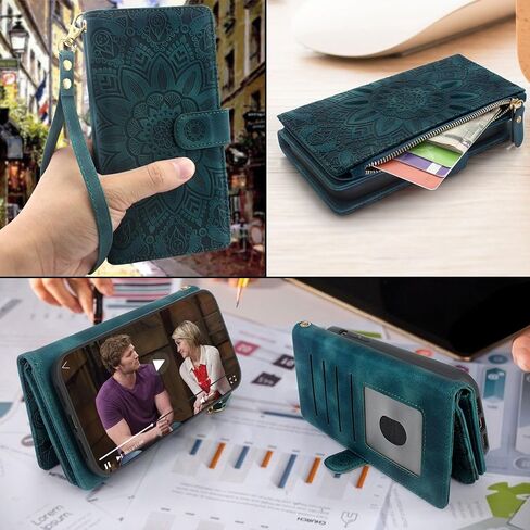 Harryshell Detachable Magnetic Zipper Wallet Leather Case with Cash Coin Pocket Multi Card Slots Holder Wrist Strap Lanyard for Samsung Galaxy A15 5G (2024) (Flower Blue Green) in Saudi Arabia