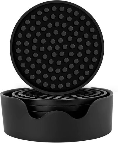 Coasters - [6 Pack] - Silicone Coasters for Drinks - Coasters with Holder, Non Slip and Non-Stick Coasters. Prevents Damage to Furniture and Tables, Suitable for Both Hot and Cold Drinks. in Saudi Arabia