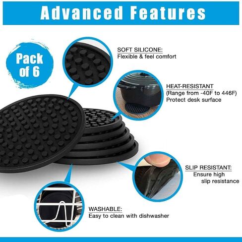 Coasters - [6 Pack] - Silicone Coasters for Drinks - Coasters with Holder, Non Slip and Non-Stick Coasters. Prevents Damage to Furniture and Tables, Suitable for Both Hot and Cold Drinks. in Saudi Arabia