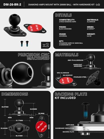 حامل Tackform Diamond AMPS - متوافق مع النظام مقاس 25.4 مم/1 بوصة/ب الحجم | كرة ألومنيوم 6061-T6 | قاعدة مثقاب بفتحتين | يتم تركيبه مباشرة على لوحة القيادة أو AMPS أو أقواس نمط الشبكة | يتضمن مجموعة أدوات | in Kuwait