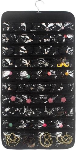 منظم مجوهرات معلق من SYCOOVEN، حقيبة تخزين سلسلة مجوهرات مزدوجة الجوانب 80 جيب، حامل منظم مجوهرات لقلادة وسوار وأقراط وسلسلة حلقات وأداة حياكة (أسود) in Kuwait