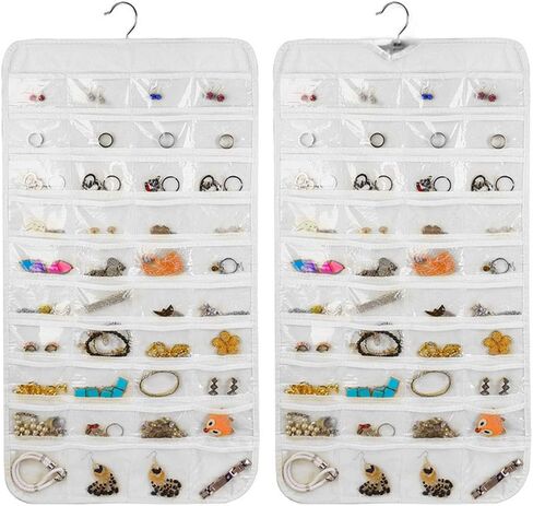 منظم مجوهرات معلق من SYCOOVEN، حقيبة تخزين سلسلة مجوهرات مزدوجة الجوانب 80 جيب، حامل منظم مجوهرات لقلادة وسوار وأقراط وسلسلة حلقات وأداة حياكة (أسود) in Kuwait