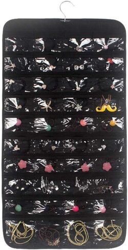 منظم مجوهرات معلق من SYCOOVEN، حقيبة تخزين سلسلة مجوهرات مزدوجة الجوانب 80 جيب، حامل منظم مجوهرات لقلادة وسوار وأقراط وسلسلة حلقات وأداة حياكة (أسود) in Kuwait