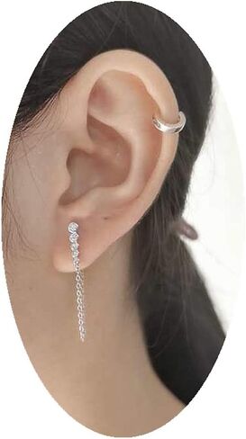Round CZ Bezel Tassel Chain Drop Dangle Stud Earrings for Women Girls 925 Sterling Silver Crystal Minimalist Studs Tragus Hypoallergenic Pierced Ear Fashion Personlized Punk Jewelry in Saudi Arabia