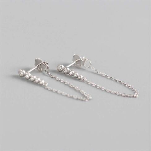 Round CZ Bezel Tassel Chain Drop Dangle Stud Earrings for Women Girls 925 Sterling Silver Crystal Minimalist Studs Tragus Hypoallergenic Pierced Ear Fashion Personlized Punk Jewelry in Saudi Arabia