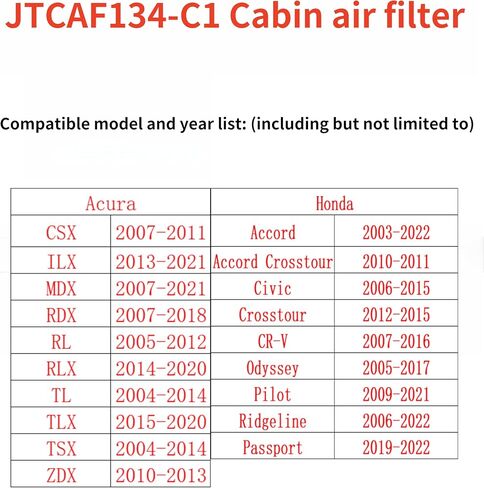 JTCAF134-C1 Cabin Air Filter for Accord,Civic,CRV,Odyssey,Pilot,Ridgeline,Passport,Replacement for 80292-SDA-A01,80292-SEC-A01 in Saudi Arabia