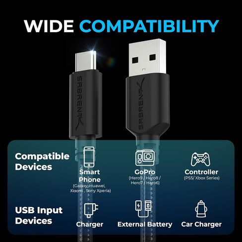 SABRENT [3-Pack 22AWG Premium 3ft USB-C to USB A 3.0 Sync and Charge Cables [Black] (CB-C3X3) in Saudi Arabia