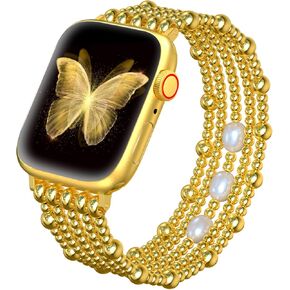 fastgo Gold Beaded Bracelet Band Compatible with Apple Watch Bands 41mm/40mm/38mm/44mm/45mm/42mm/49mm Women, Natural Pearl Gold Beaded Elastic Strap for Iwatch Bands(Gold)