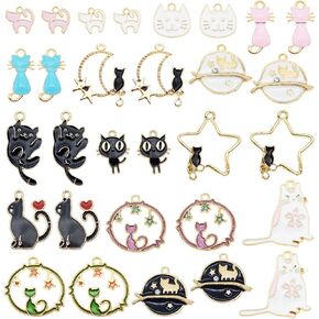 JJGQAZ 30pcs Bulk Lot Gold Plated Enamel Pet Cat Dainty Dangle Cute Animals Charms Pendant for Earrings Jewelry Making Necklace Bracelet Craft Findings