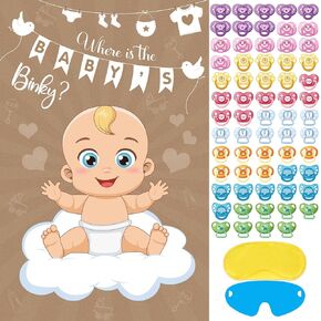 Pin The Pacifier On The Baby Game - Baby Pacifier Games Poster with 64 Pacifier Stickers for Baby Shower Party Favors, Boys and Girls Kids Birthday Party Supplies