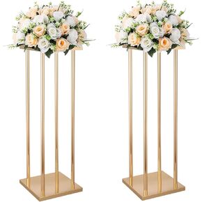 Bigsee 2pcs Gold Wedding Centerpieces Column Vases for Tables Geometric Metal Flower Stand , 23.6 Inch Tall Floor Vase Rectangle Flower Holder for Wedding Party Table Decorations