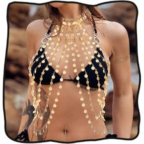 DRESBE Layered Sequin Bra Chain Gold Boho Chest Chains Summer Beach Body Accessories for Women