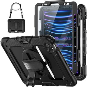 HXCASEAC Case for iPad Pro 11 Inch Case (2022/2021/2020/2018) Shockproof Design with Pencil Holder/Screen Protector/Rotating Hand Strap, Protective Cover for iPad 11 Pro 4th/3rd/2nd/1st, Black