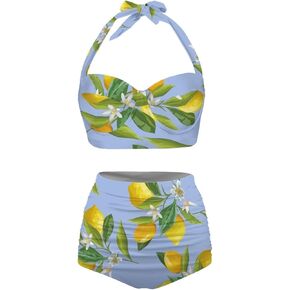 Women Two Piece Bikini Set Summer Beach Swimsuit Halter Ruched High Waist Bikini with Bottom S-XXL