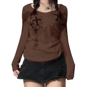 Sunloudy جرافيك الجرونج بلايز كم طويل ريترو طباعة البلوز تي شيرت سليم صالح Harajuku خمر بلوزة بلايز in Kuwait