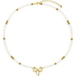 Pearl Choker Necklace for Women 14K Gold Plated Bow Necklace Elegant Bowknot Charm Pearl Necklace Gold Ball Beaded Bow Knot Ribbon Choker Necklace Summer Trendy Y2K Party Jewelry Gift for Teen Girls