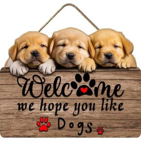 Wood Welcome Sign for from Door We Hope You Like Dogs Wood Signs Home Decor Farmhouse Dog Dad Gift Signs Rustic Wall Hanging Plaque for Home Office Bedroom Living Room Kids 12x11IN