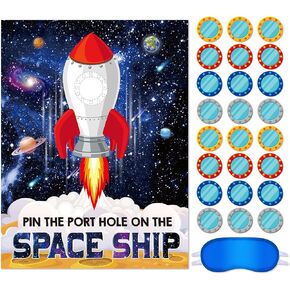 Faccito Pin The Port Hole on The Space Ship Game with Blindfolds Outer Space Rocket Pin Game Set for Kids Solar System Party Poster for Solar System Space Theme Birthday Party Decor Favors Supplies