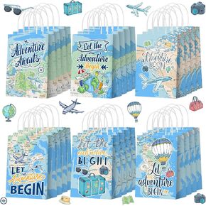 Yeaqee 24 Pcs Adventure Themed Party Favor Bags Adventure Gift Bags Blue World Map Paper Bags with Handle Travel the World Candy Treat Bags Gift Wrapping Bags for Baby Shower Birthday Party Favor