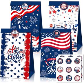 GAMERIEND Patriotic Treat Bags, 12 Count, with 18 Stickers, American Flag Design, 4th of July Party Favors Candy Gift Bags for Independence Day Memorial Day Party Cookie Snack Supplies