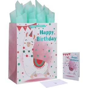 13" Large Green Gift Bag Set with Greeting Card and Tissue Paper(Llama and Happy Birthday) for for Girls’, Boys' or Kids' Birthday Party, Women's or Men's Birthday Parties, Baby Shower - 10.2"x5.2"x13", 1 Pcs.