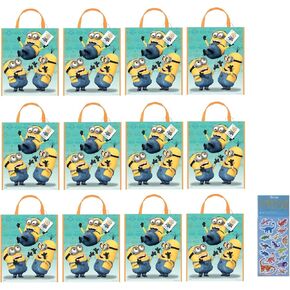 Unique Despicable Me Birthday Party Supplies Bundle includes 12 Plastic Favor Tote Bags and 8 Dinosaur Sticker Sheets