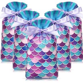 Pasimy 50 Pcs Mermaid Party Favor Bags 6x9 Inch Mermaid Scales Plastic Favor Bags Under the Sea Goodie Candy Bags Plastic Drawstring Bags Mermaid Birthday Bags for Girl Mermaid Party Supplies