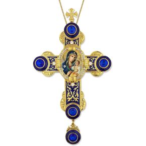 Virgin Mary Jesus Christ Eternal Bloom Russian Icon Byzantine Style Wall Cross Pendant Pearls 9 Inch, Blue