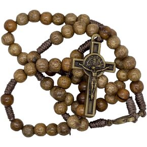 Rosary with Saint Benedict Center | Wooden Beads with Distressed Gold-Tone Medal and Crucifix | Great Catholic Gift for First Communion and Confirmation