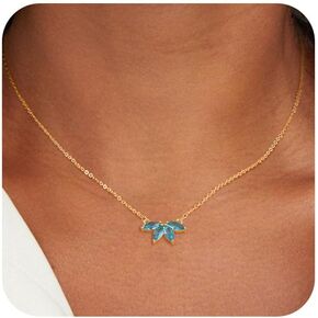 Dainty Birthstone Necklace for Women: Emerald Flower Pendant Necklace 14K Gold Plated Tiny Chain Blue Green Diamond Birth Stone Necklace Birthday Gifts for Women Mother Friends Jewelry