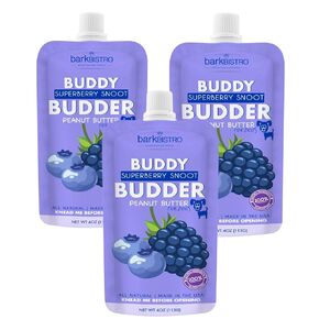 BUDDY BUDDER 3 Pack Superberry Snoot Squeeze Packs, 100% Natural Dog Peanut Butter, Healthy Peanut Butter Dog Treats, Made in USA, (4oz Packs)