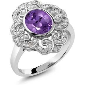 Gem Stone King Simulated Purple Amethyst Gorgeous Rhodium Plate Vintage Style Halo Ring (Available in size 5, 6, 7, 8, 9)