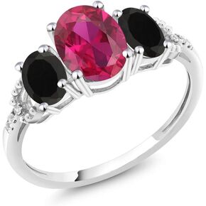 Gem Stone King 10K White Gold Red Created Ruby Black Onyx & Diamond Accent 3-Stone Engagement Ring | 1.98 Cttw | 3 Stone Wedding Engagement Anniversary Promise Ring For Women