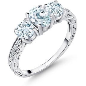 Gem Stone King 925 Sterling Silver Sky Blue Aquamarine 3-Stone Engagement Ring For Women (1.87 Cttw, Oval Available in size 5, 6, 7, 8, 9)