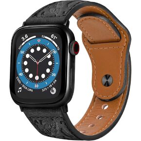 NPET Western Engraved Feather Leather Bands for Apple Watch 49mm 45mm 44mm 42mm 41mm 40mm 38mm, Compatible with iWatch Ultra SE2 SE Series 8 7 6 5 4 3 2 1 Multiple Sizes Option